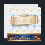 ハッピーハヌカー！ホリデー シーズンカード<br><div class="desc">ハッピーハヌカー！ユダヤ人の祝日の招待、グリーティングカード、ユダヤ人の休日ハヌカー、"Judaica"、フェスティバル、グリーティングカードのハヌカー（ユダヤ教の祭り）のシンボル – 木製の夢伝統的書（回転のトップ）、ヘブライ文字、ドーナツ、（ユダヤ教）メノラーのキャンドル、油の瓶、星ダビデのライトパター白熱［赤熱］光を放つン、ヴィンテージ</div>