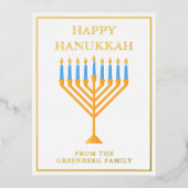 ハッピーハヌカー(ユダヤ教)メノラーシックパーソナライズされた金ゴールド 箔シーズンポストカード (正面)