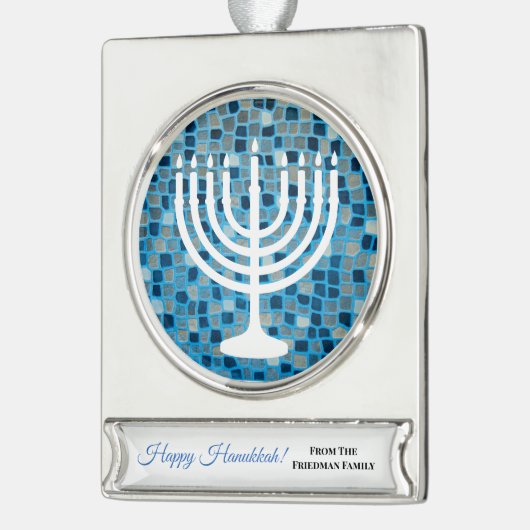 ハッピーハヌカー(ユダヤ教)メノラーブルーモザイクオーナメント シルバープレートバナーオーナメント (左)
