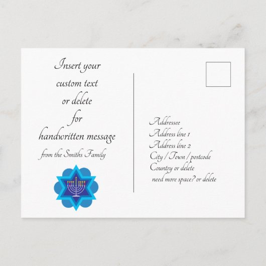 🕎ハッピーハヌカー、(ユダヤ教)メノラー、カスタマイズ可能 ポストカード (裏面)