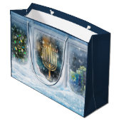 ハッピーハヌカー。冬のシーン(（ユダヤ教）メノラー) ラージペーパーバッグ (裏面アングル)