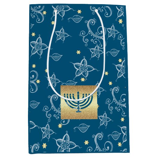 ハッピーハヌカー。金ゴールド（ユダヤ教）メノラーと花の模様 ミディアムペーパーバッグ (正面)