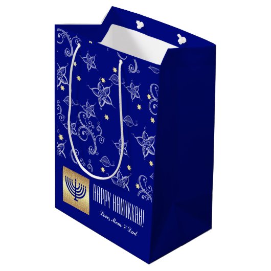 ハッピーハヌカー。金ゴールド（ユダヤ教）メノラー |名前をカスタムする ミディアムペーパーバッグ (裏面アングル)