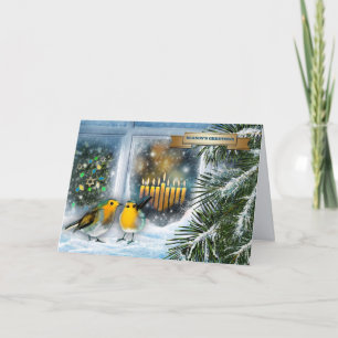 ハッピーハヌカー。雪の窓のシーン(（ユダヤ教）メノラー) シーズンカード