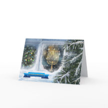 ハッピーハヌカー。雪の窓のシーン(（ユダヤ教）メノラー)