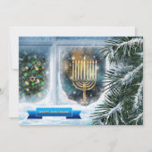 ハッピーハヌカー。雪の窓のシーン(（ユダヤ教）メノラー) シーズンカード (正面)