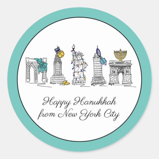 ハッピーハヌカーfromニューヨークシティNYCハヌカー(ユダヤ教の祭り) ラウンドシール (正面)