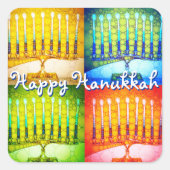 ハッピーハヌッカイエローブルーグリーンレッド4メノラ スクエアシール (正面)