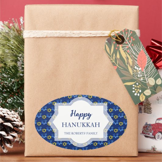 ハッピーハヌッカウォーターカラースターズオブデイビッド 楕円形シール (クリスマス)