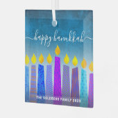 ハッピーハヌッカスクリプト(ユダヤ教)メノラーキャンドルターコイズ ガラスオーナメント (正面左)