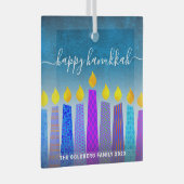 ハッピーハヌッカスクリプト(ユダヤ教)メノラーキャンドルターコイズ ガラスオーナメント (正面右)