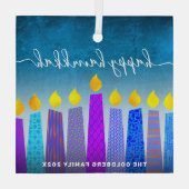 ハッピーハヌッカスクリプト(ユダヤ教)メノラーキャンドルターコイズ ガラスオーナメント (裏面)