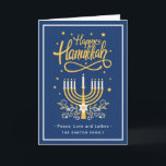ハッピーハヌッカピースラブラッキーズモダンブルー シーズンカード<br><div class="desc">Happy Hanukkahのスクリプトとシンボルを備えた素晴らしこのホリデーカードであなたの願いを送信し、あなたのグリーティングメッセージを強調する。</div>