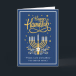 ハッピーハヌッカピースラブラッキーズモダンブルー シーズンカード<br><div class="desc">Happy Hanukkahのスクリプトとシンボルを備えた素晴らしこのホリデーカードであなたの願いを送信し、あなたのグリーティングメッセージを強調する。</div>