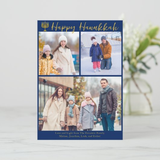 ハッピーハヌッカファミリー3モダンフォトコラージブルー シーズンカード (スタンド正面)