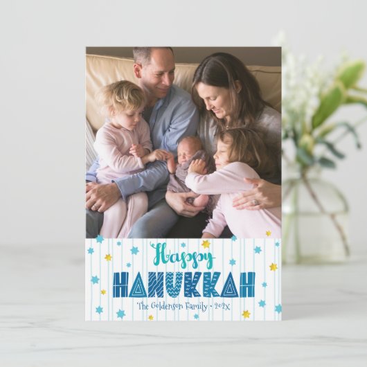 ハッピーハヌッカフォトタイポグラフィ金ゴールドスターモダン シーズンカード (スタンド正面)