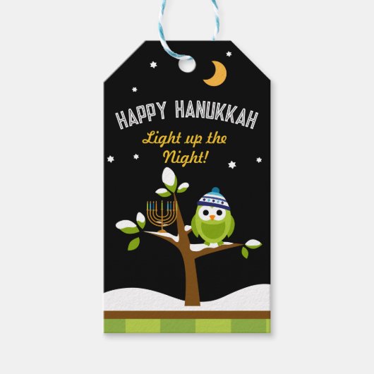 ハッピーハヌッカフクロウ&(ユダヤ教)メノラーライトアップザナイト ギフトタグ (正面)