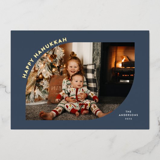 ハッピーハヌッカブルーフレモダンームフォイルホリデーカード 箔シーズンカード (正面)