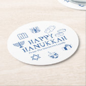 ハッピーハヌッカブルーホワイトカスタムの姓 ラウンドペーパーコースター (アングル)