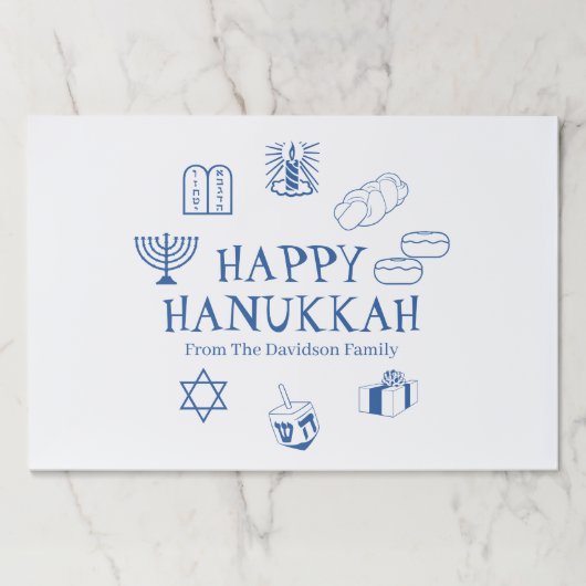 ハッピーハヌッカブルーホワイト名前をカスタムするランチョンマット ペーパーパッド (正面)