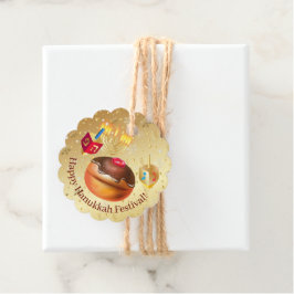 ハッピーハヌッカホリデードーナツと（ユダヤ教）メノラー金ゴールド フェイバータグ