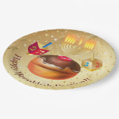 ハッピーハヌッカホリデードーナツと(ユダヤ教)メノラー金ゴールド ペーパープレート (アングル)