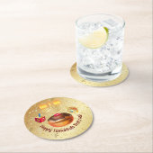 ハッピーハヌッカホリデードーナツと（ユダヤ教）メノラー金ゴールド ラウンドペーパーコースター (インサイチュ)