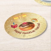 ハッピーハヌッカホリデードーナツと（ユダヤ教）メノラー金ゴールド ラウンドペーパーコースター (アングル)