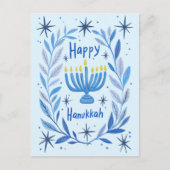 ハッピーハヌッカボタニカル（ユダヤ教）メノラー水彩 シーズンポストカード (正面)