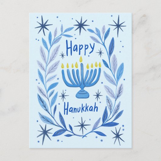 ハッピーハヌッカボタニカル(ユダヤ教)メノラー水彩 シーズンポストカード (正面)