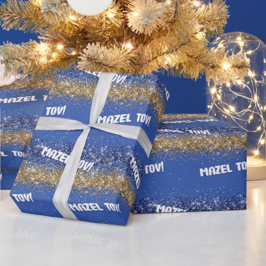 ハッピーハヌッカマゼルトフブルー金ゴールドスパークル ラッピングペーパー (クリスマス)
