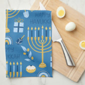 ハッピーハヌッカユダヤ人スター（ユダヤ教）メノラーブルー キッチンタオル (四つ折り)