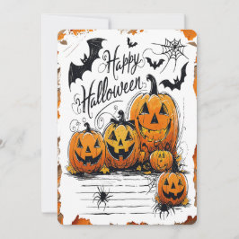 ハッピーハロウィンお祝い かぼちゃ きつね バット クモ シーズンカード