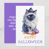 ハッピーハロウィンの水彩画ビルマ猫が魔女の帽子をかぶる シーズンカード (正面/裏面)