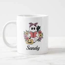 ハッピーハロウィンフラワーかわいいおばけイニシャル 名前 ジャンボコーヒーマグカップ