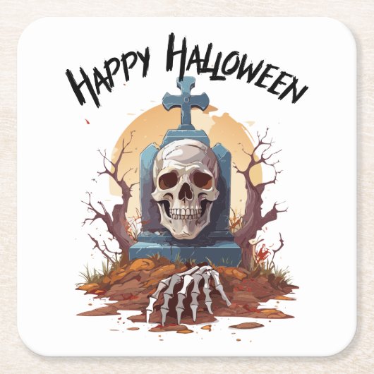 ハッピーハロウィンヘッドストーンとスケルトン スクエアペーパーコースター (正面)