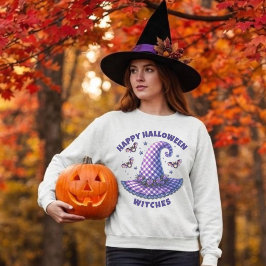 ハッピーハロウィン魔女の紫ギンガム魔女帽子 スウェットシャツ