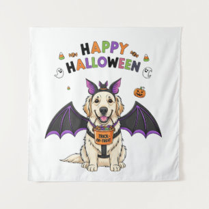ハッピーハロウィン かわいい犬 バット トリックオアトリート タペストリー