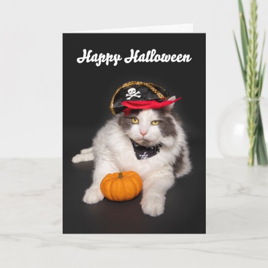ハッピーハロウィン かわいい猫の海賊コスプレ ユーモア シーズンカード (正面)