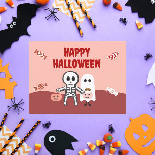 ハッピーハロウィン かわいい骸骨とお菓子を持った幽霊 シーズンカード