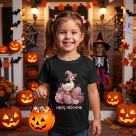 ハッピーハロウィン かわいい魔女のアヒルとピンクのかぼちゃ ベビーTシャツ