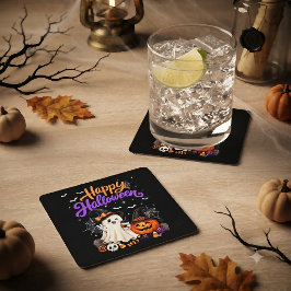 ハッピーハロウィン かわいい おばけ パンプキン スプーキー スクエアペーパーコースター