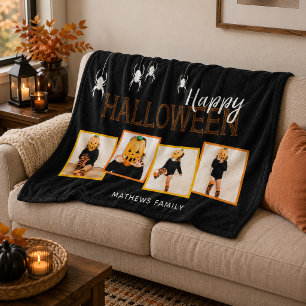 ハッピーハロウィン オリジナル フォトコラージュ クモ ブラック フリースブランケット