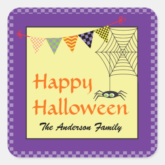 ハッピーハロウィン クモ 名前入り スクエアシール (正面)
