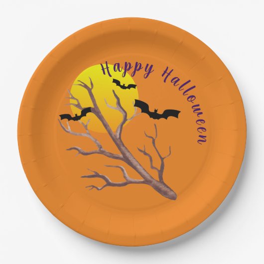 ハッピーハロウィン コウモリと月 紙皿 (正面)