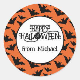 ハッピーハロウィン コウモリ オレンジ 黒 スプーキー あなたの名前 ラウンドシール