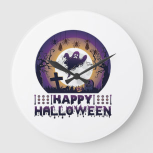ハッピーハロウィン ゴースト コウモリ クモ_1 ラージ壁時計