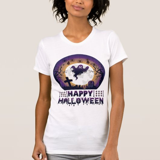 ハッピーハロウィン ゴースト コウモリ クモ_1 Tシャツ (正面)