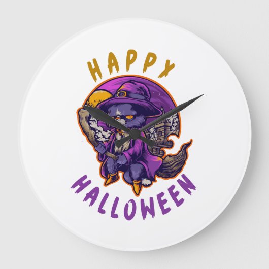 ハッピーハロウィン ハロウィン 魔女 猫 ラージ壁時計 (正面)