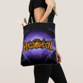 ハッピーハロウィン ルビーの目のかぼちゃ 紫の稲妻 トートバッグ (クローズアップ)